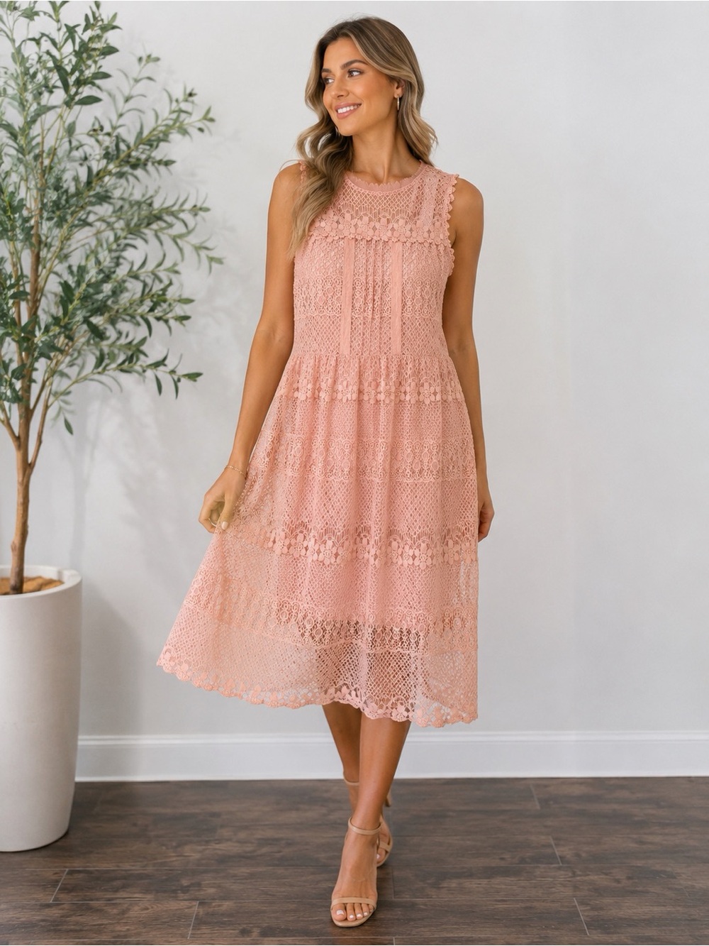 Xhilaration Lace Midi Dress Sleeveless  in Coral